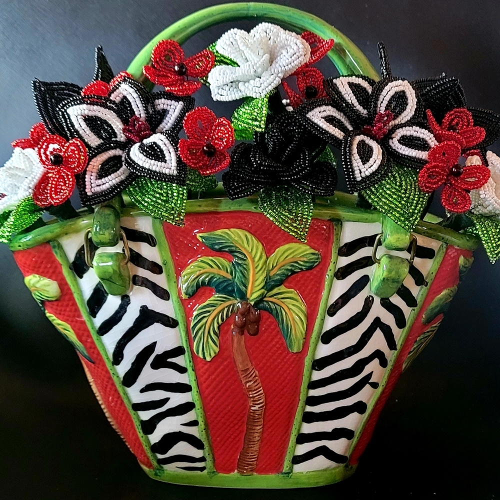 Diane Artwear Handbag Vase Filled with French Beaded Flowers Signed 2005